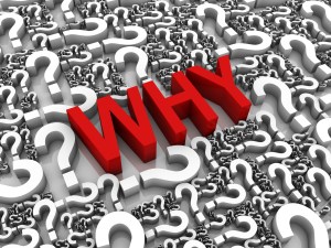 "WHY" 3D text surrounded by question marks. Part of a series.